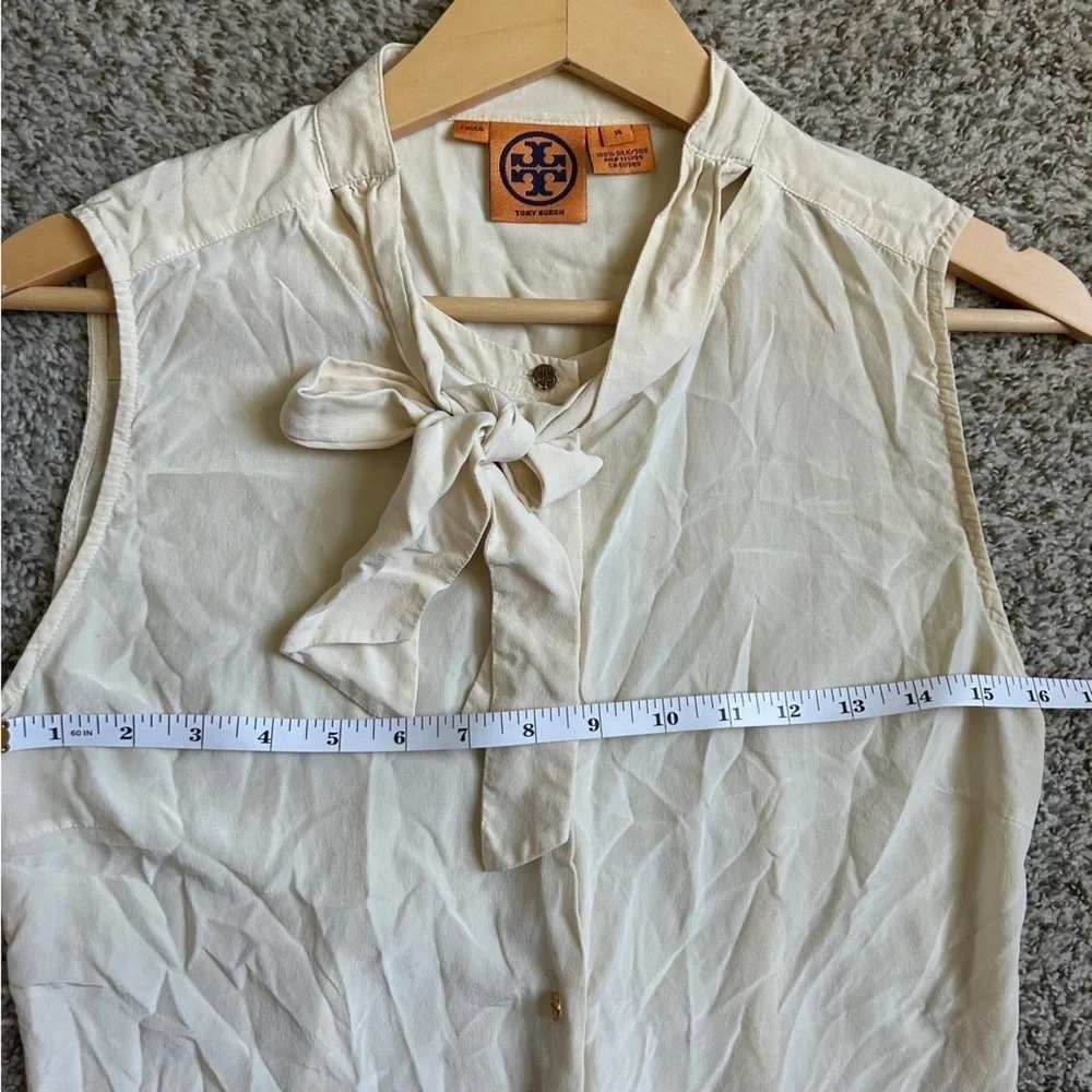 Tory Burch Cream Sleeveless Blouse with Bow 100% Silk Neutral Classic Preppy 14